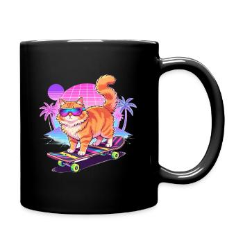 Retro Synthwave Cat Skateboard - Full Colour Mug - black - Right