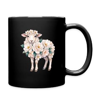 Flower sheep with white flowers in watercolor style - Full Colour Mug - black - Right
