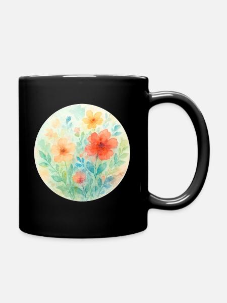 Pastel Watercolor Flowers Circle - Full Colour Mug - black