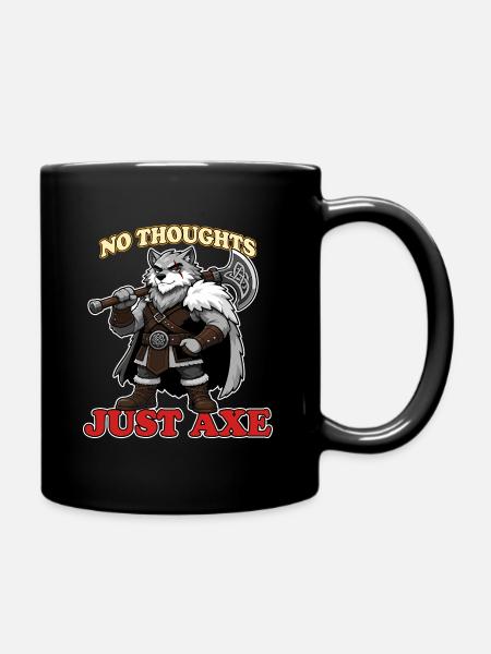 No Thoughts Just Axe Funny Viking Wolf Mascot - Full Colour Mug - black