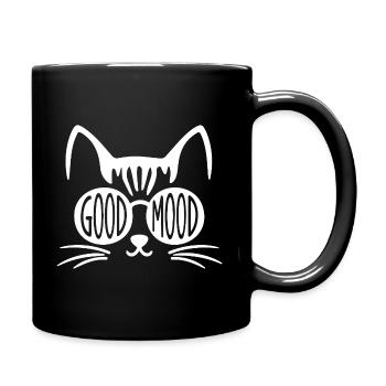 Good Mood Cat with Round Glasses - Full Colour Mug - black - Right