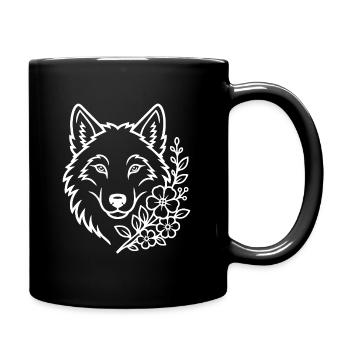 Wolf mit Blumen Elegante Natur Kunst - Tasse einfarbig - Schwarz - Rechts