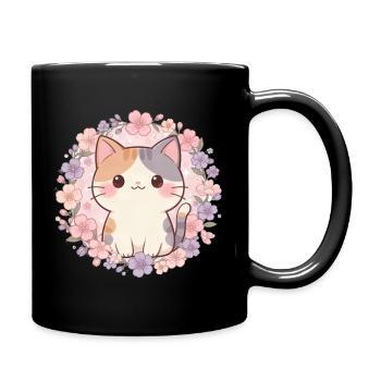 Kawaii Cat – Süße Blumen Katze - Tasse einfarbig - Schwarz - Rechts