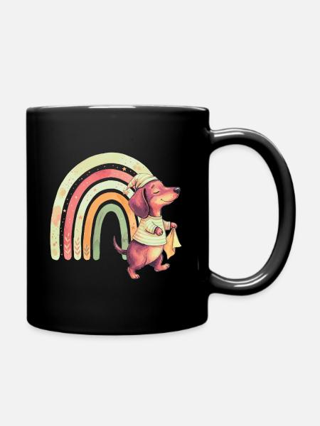 Schlafwandelnder Dackel mit Regenbogen - Tasse einfarbig - Schwarz
