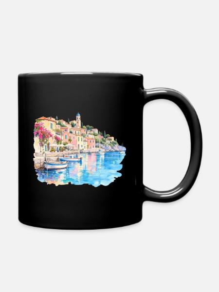 Mediterranes Hafenviertel Aquarell - Tasse einfarbig - Schwarz