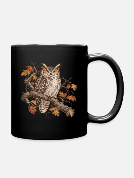 Weise Eule im Herbstzweig - Tasse einfarbig - Schwarz