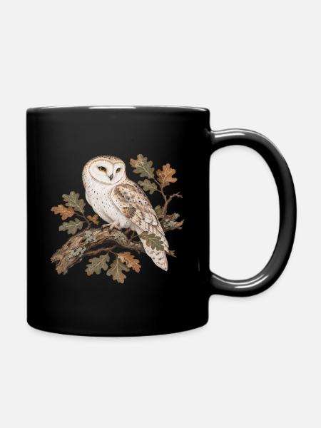 Eule auf Eichenlaub im Herbst - Tasse einfarbig - Schwarz