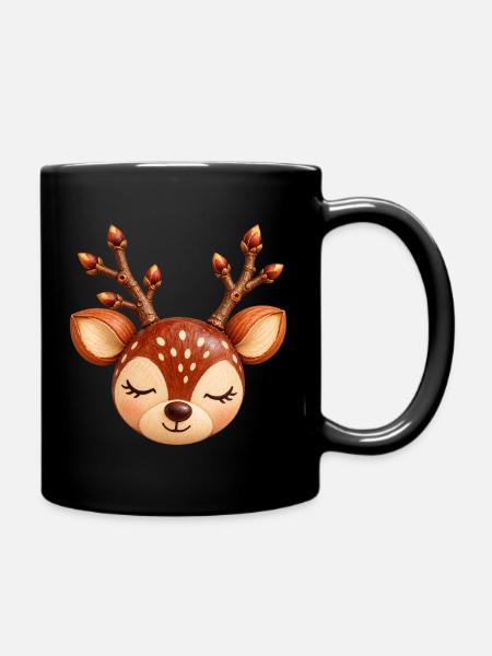 Rentierkopf in Naturholz-Optik  - Tasse einfarbig - Schwarz