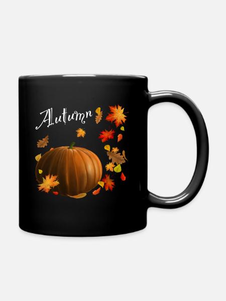 Autumn - Kürbis mit bunten Herbstblättern - Tasse einfarbig - Schwarz