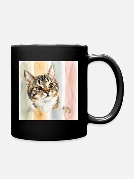 Pastellkatze Aquarellstreifen Katze Maus - Tasse einfarbig - Schwarz
