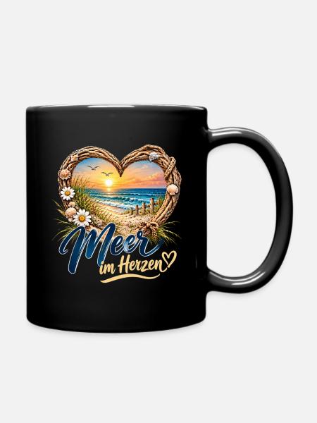 Meer im Herzen: Strandherz-Design - Tasse einfarbig - Schwarz