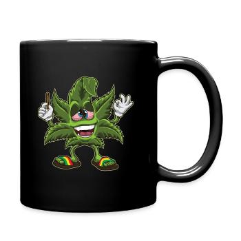 Stoned Cannabis Leaf - Weed Smoking Cartoon - Full Colour Mug - black - Right