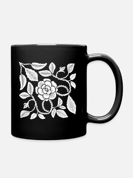 Gravure sur bois botanique Rose blanche avec feuilles - Mug uni - noir