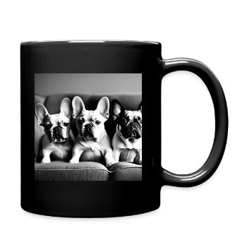 three little french bulldogs sitting on a sofa - Tasse einfarbig - Schwarz - Rechts