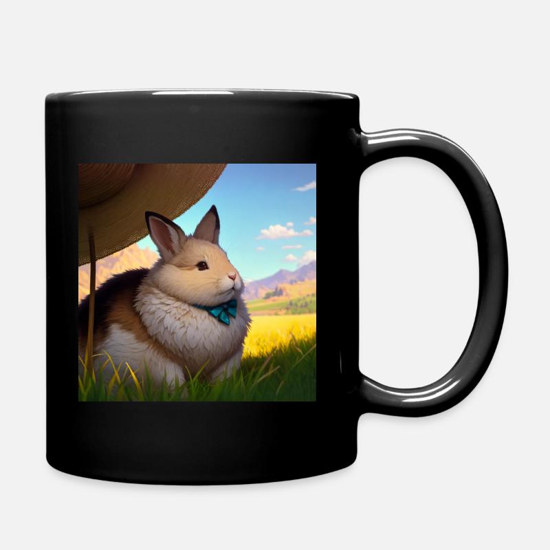 Cute Brown Bear Artwork with Straw Hat Meadow Art - Full Colour Mug - black