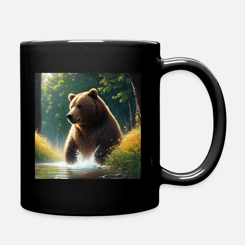 Cute Brown Bear Artwork with Straw Hat Meadow Art - Full Colour Mug - black