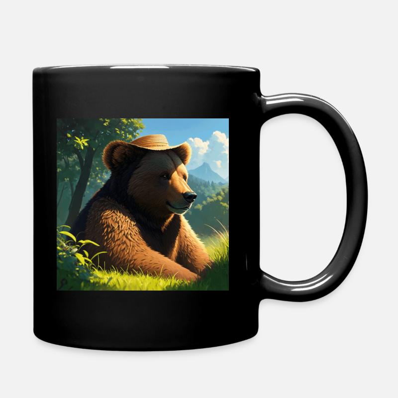 Cute Brown Bear Artwork with Straw Hat Meadow Art - Full Colour Mug - black