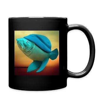 Huge fish waering a beanie - AI-Generated design - Full Colour Mug - black - Right