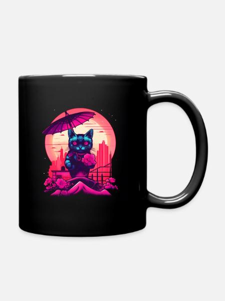 Synthwave japan Cat with umbrella - Full Colour Mug - black