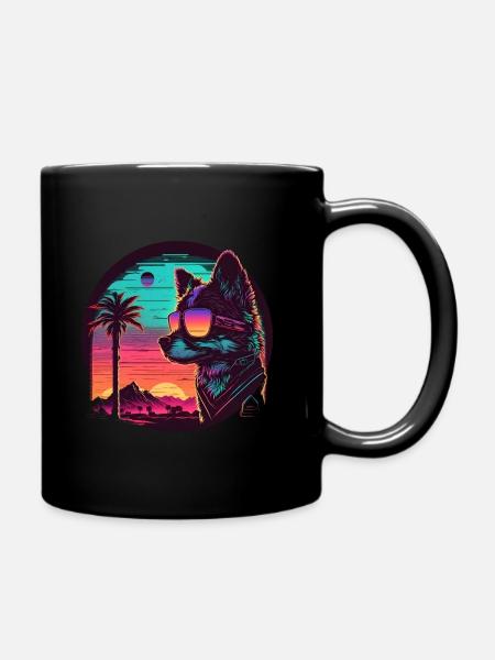 Synthwave dog sunset - Full Colour Mug - black