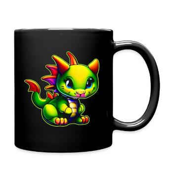 Kleiner süßer grüner Fantasy Drache - Tasse einfarbig - Schwarz - Rechts