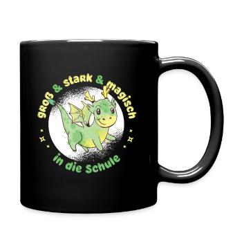 Drache Dino Einschulung - "magisch in die Schule" - Tasse einfarbig - Schwarz - Rechts
