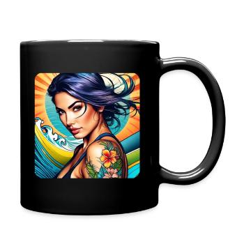 Jolie fille de plage avec des tatouages de fleurs - Mug uni - noir - Droite