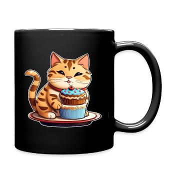 Cute fat cat with cup cake - Full Colour Mug - black - Right