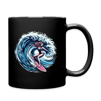 Surfer Chick riding a big wave - Full Colour Mug - black - Right