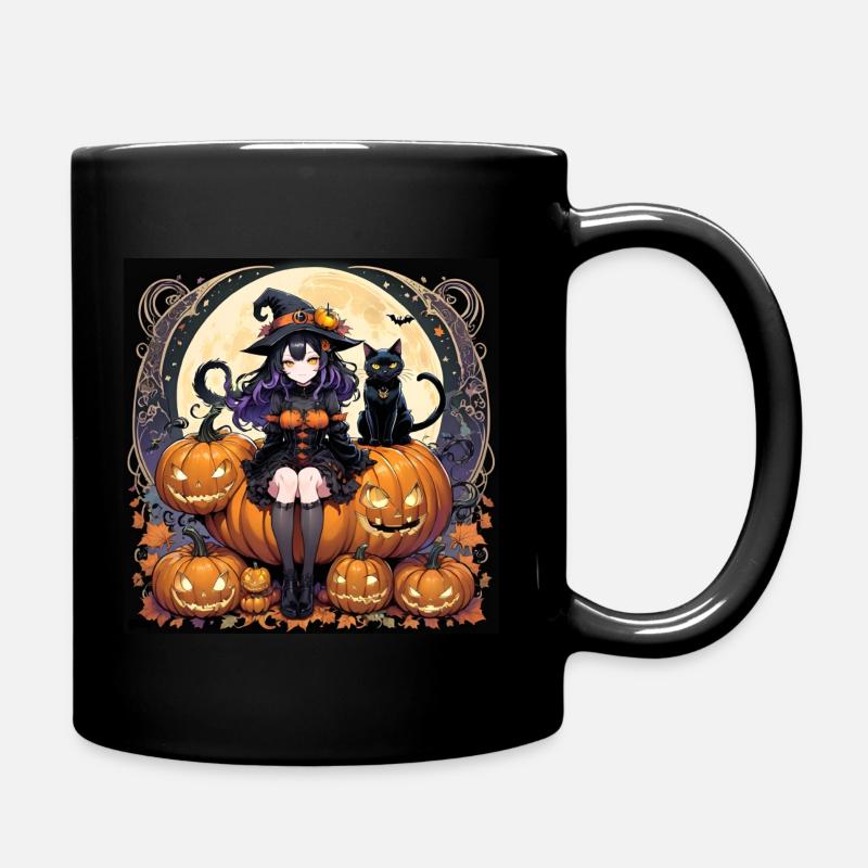 Anime Halloween Witch/Hexe, Kürbis, Katze - Tasse einfarbig - Schwarz