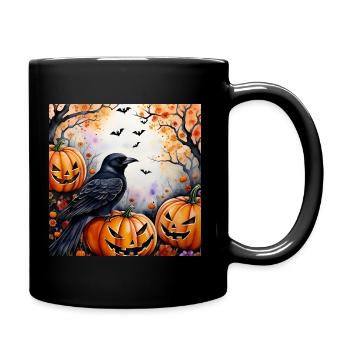 Krähe sitzt auf Kürbis - Tasse einfarbig - Schwarz - Rechts