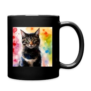 Katze vor Regenbogen - Tasse einfarbig - Schwarz - Rechts