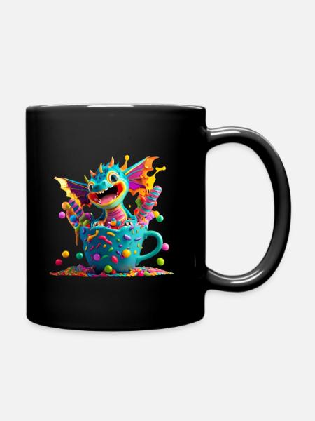 Cute baby dragon in a cup full of candy - Full Colour Mug - black