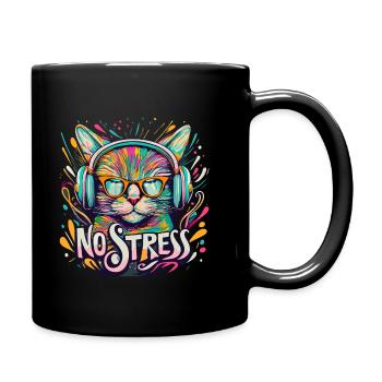 Cat with headphones Funny saying NO STRESS - Full Colour Mug - black - Right