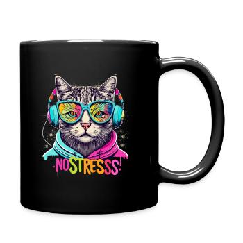 Cat with headphones Funny saying NO STRESS - Full Colour Mug - black - Right