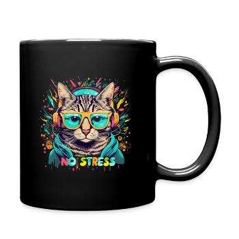 Cat with headphones Funny saying NO STRESS - Full Colour Mug - black - Right