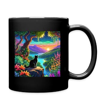 Katze in einer verspielt bunten Landschaft - Tasse einfarbig - Schwarz - Rechts