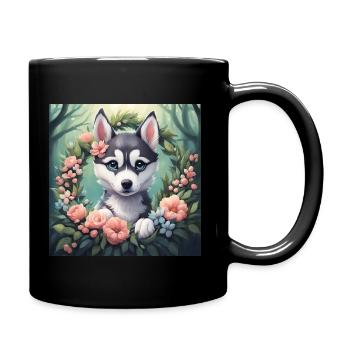 Niedliche Kawaii Baby Husky Blumen - Tasse einfarbig - Schwarz - Rechts
