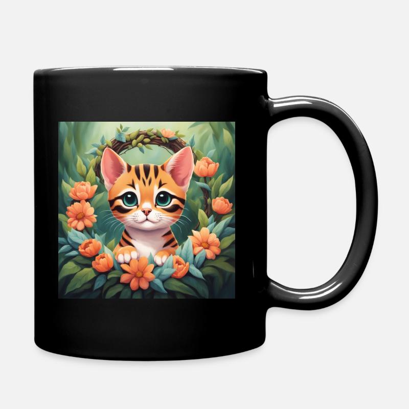 Mignon Kawaii bébé Bengale chat Floral - Mug uni - noir