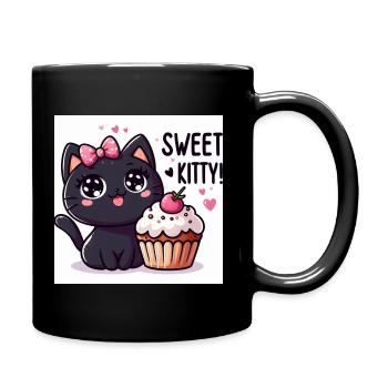 Sweet Kitty Noir avec boucle rose et cupcake - Mug uni - noir - Droite