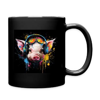 DJ piglet with headphones - Full Colour Mug - black - Right