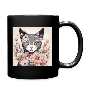 Chat façon Manga avec des fleurs - Mug uni - noir - Droite
