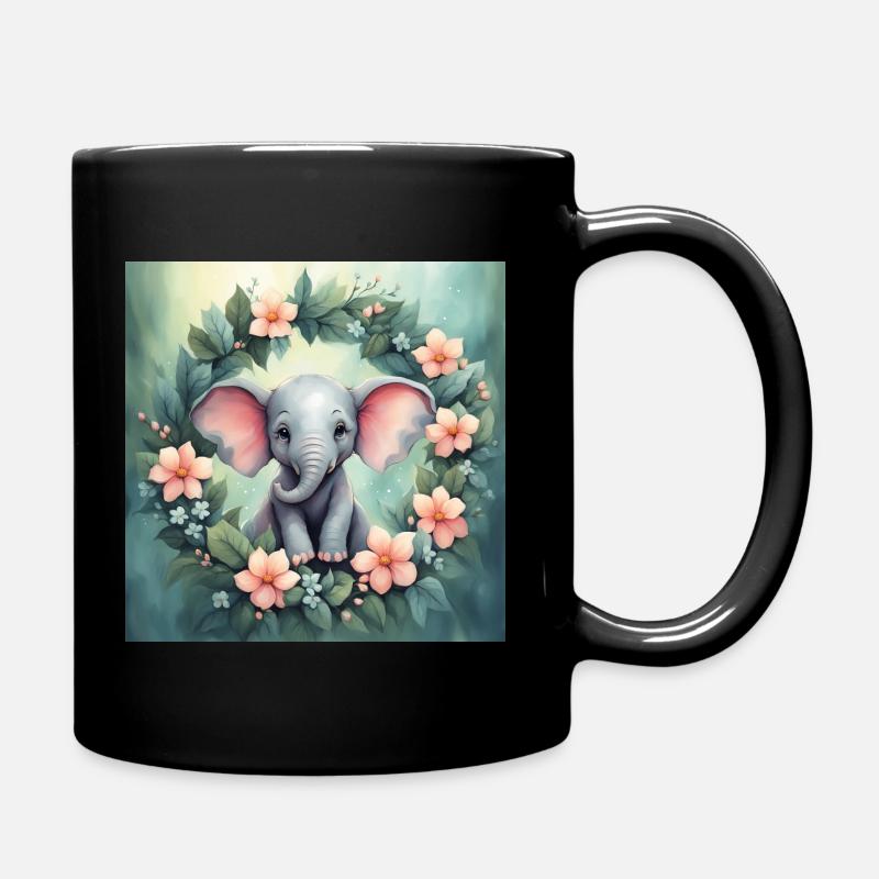 Mignon Kawaii bébé éléphant floral - Mug uni - noir