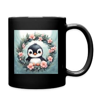 Cute Kawaii Baby Penguin Floral - Full Colour Mug - black - Right
