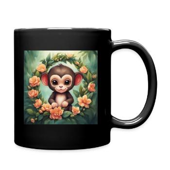 Süßes Kawaii Baby Affe Blumen - Tasse einfarbig - Schwarz - Rechts