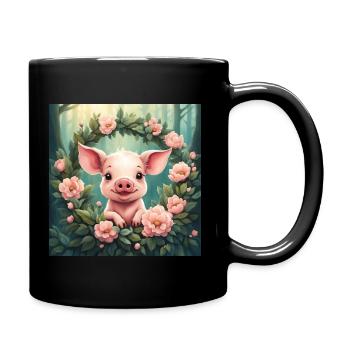 Cute Kawaii Baby Pig Floral - Full Colour Mug - black - Right