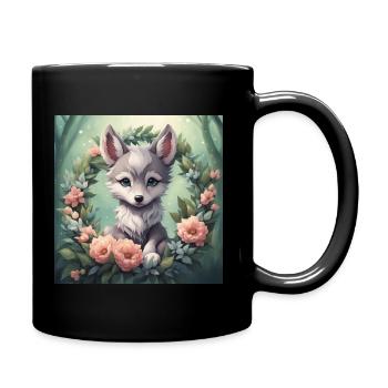 Cute Kawaii Baby Wolf Floral - Full Colour Mug - black - Right