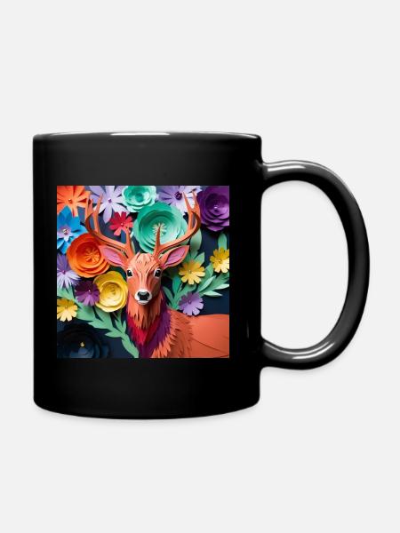 A highly detailed deer with colourful paper layers - Full Colour Mug - black