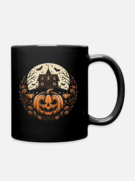 Halloween-Kürbis und Spukhaus - Tasse einfarbig - Schwarz