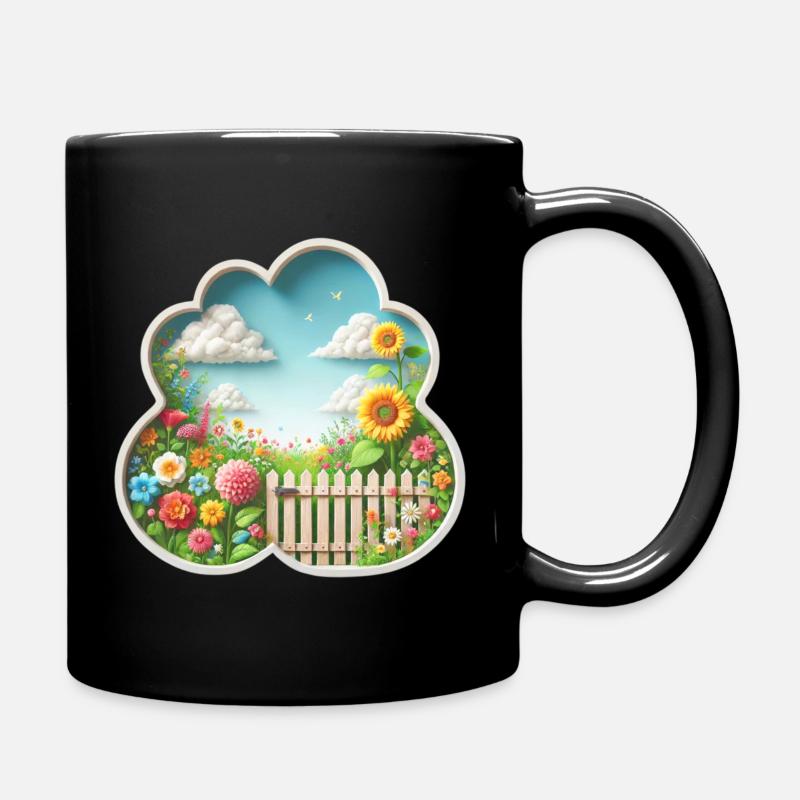 Garten mit Blume auf Blumenwiese und Sonnenblume - Tasse einfarbig - Schwarz